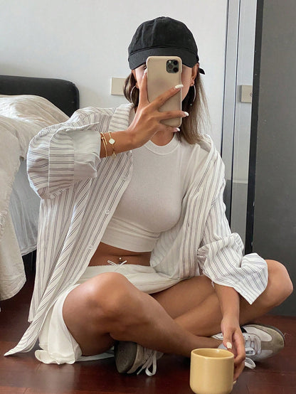 Livesso Women's Loose Long Sleeve Turndown Collar Casual Striped Shirt, Spring/Summer Fall Tops