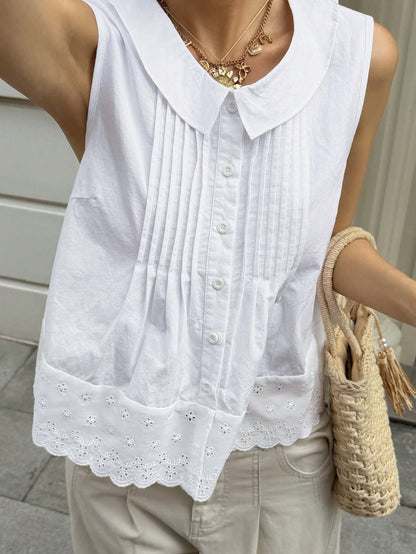 Livesso Women's Summer Casual Solid Color Front Button Tank Top Tea Party White Vacation
