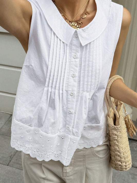 Livesso Women's Summer Casual Solid Color Front Button Tank Top Tea Party White Vacation