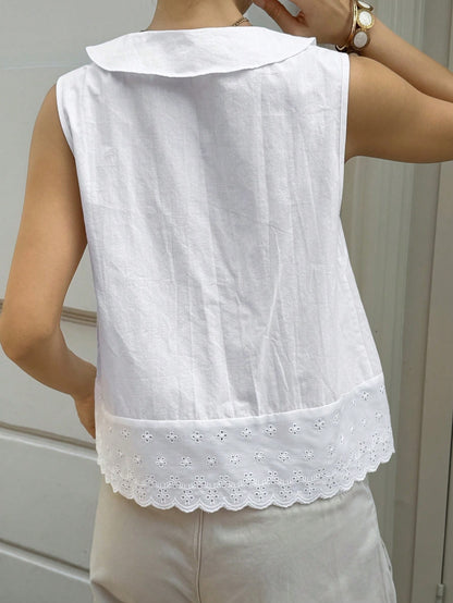 Livesso Women's Summer Casual Solid Color Front Button Tank Top Tea Party White Vacation
