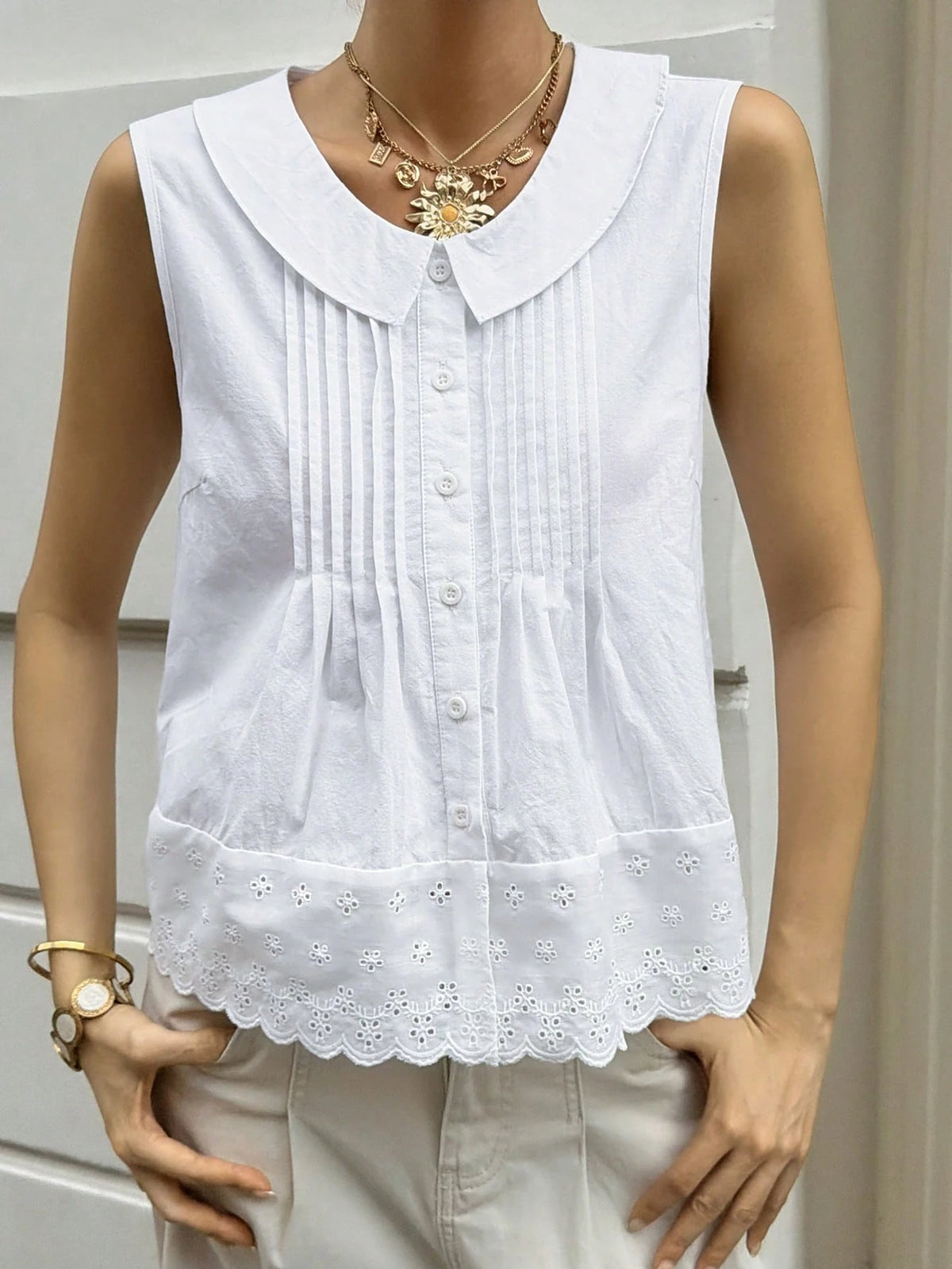 Livesso Women's Summer Casual Solid Color Front Button Tank Top Tea Party White Vacation