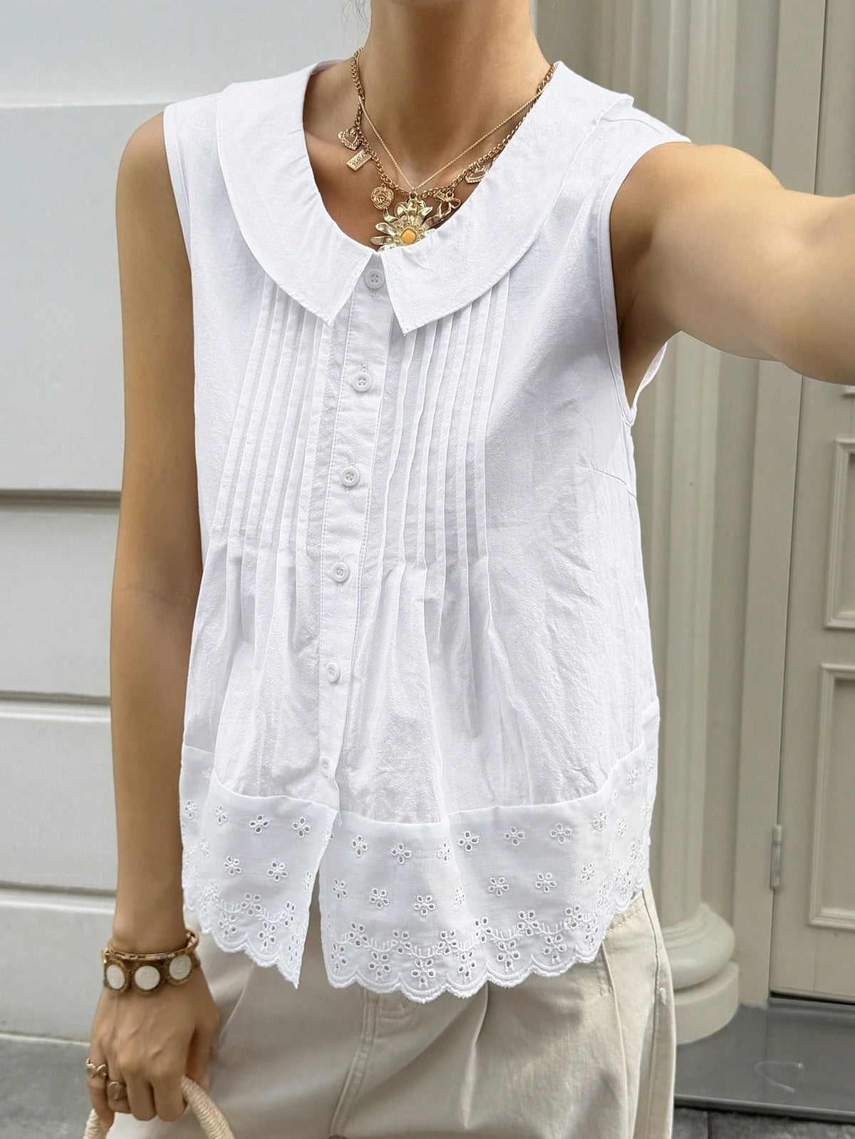 Livesso Women's Summer Casual Solid Color Front Button Tank Top Tea Party White Vacation