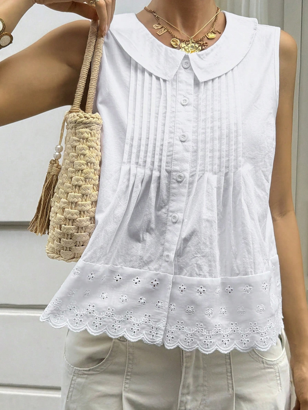 Livesso Women's Summer Casual Solid Color Front Button Tank Top Tea Party White Vacation