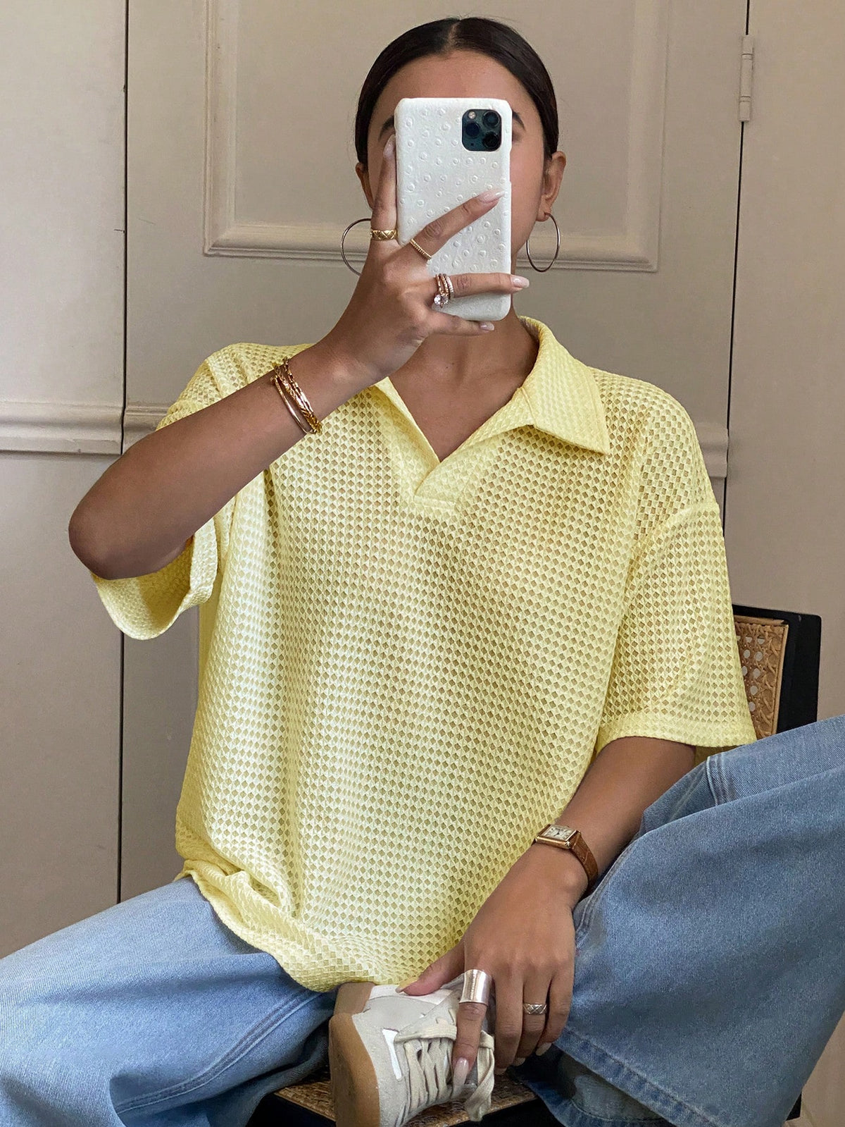 Livesso Women's Summer Solid Basic Polo Collar Loose Textured Short Sleeve T-Shirt