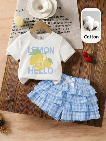 LMoss Kids 2pcs/Set Baby Girl Casual Cute Comfortable Solid Color Round Neck T-Shirt And Plaid Shorts Set Vacation White Blue Summer