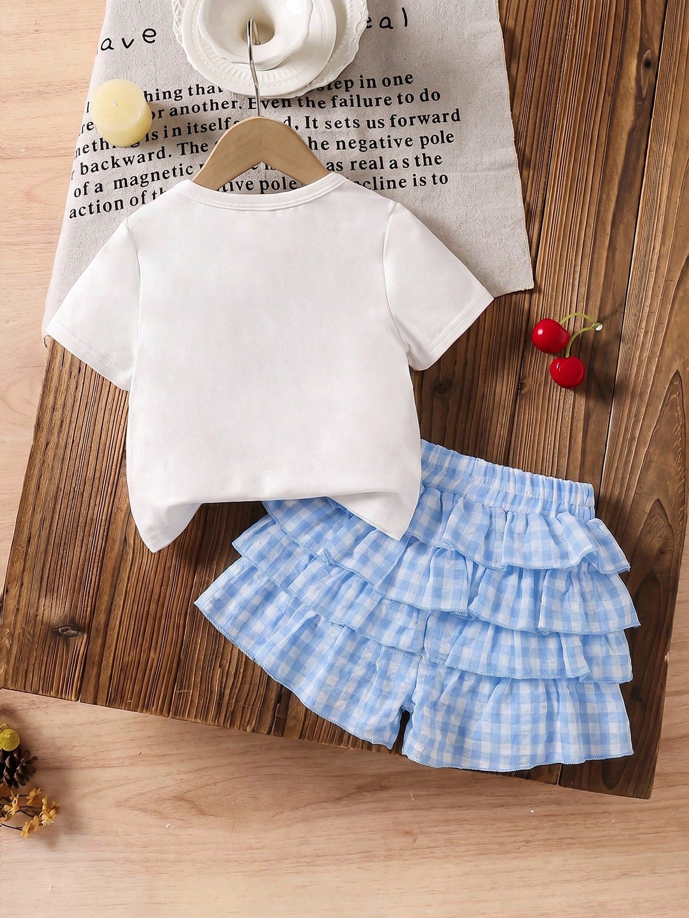 LMoss Kids 2pcs/Set Baby Girl Casual Cute Comfortable Solid Color Round Neck T-Shirt And Plaid Shorts Set Vacation White Blue Summer