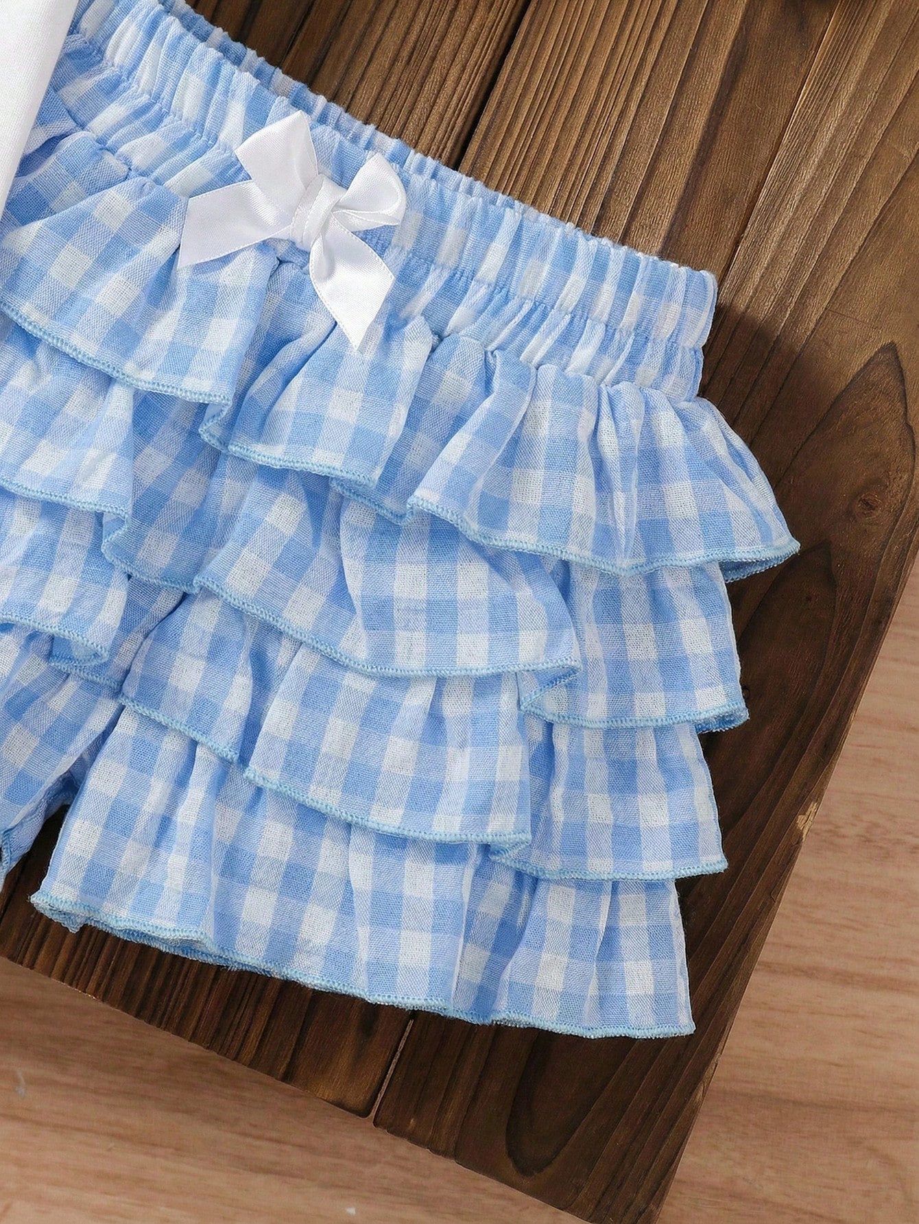 LMoss Kids 2pcs/Set Baby Girl Casual Cute Comfortable Solid Color Round Neck T-Shirt And Plaid Shorts Set Vacation White Blue Summer