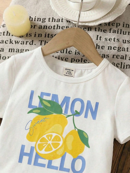 LMoss Kids 2pcs/Set Baby Girl Casual Cute Comfortable Solid Color Round Neck T-Shirt And Plaid Shorts Set Vacation White Blue Summer