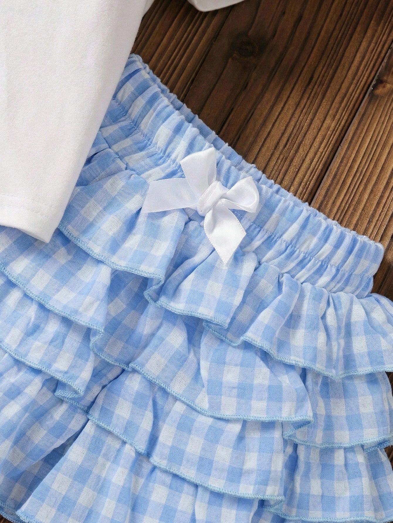 LMoss Kids 2pcs/Set Baby Girl Casual Cute Comfortable Solid Color Round Neck T-Shirt And Plaid Shorts Set Vacation White Blue Summer