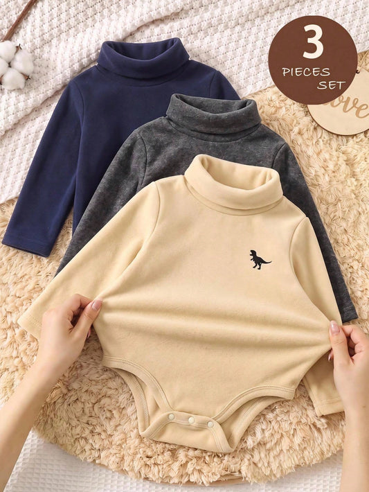 LMoss Kids Baby Boy High Neck Pony Print Soft Brushed Fabric Fitted Long Sleeve Bodysuit 3 Pieces Set, Autumn/Winter