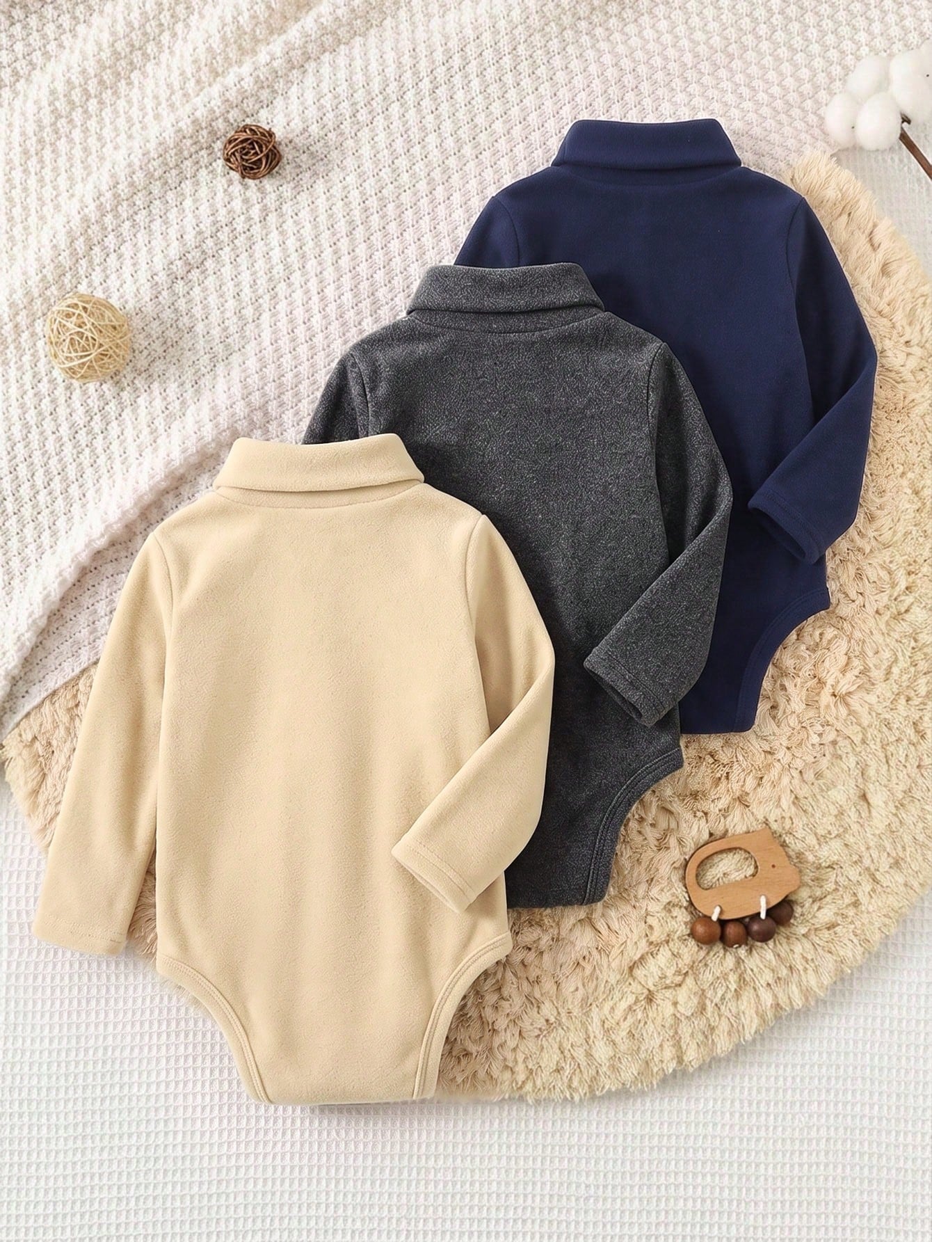LMoss Kids Baby Boy High Neck Pony Print Soft Brushed Fabric Fitted Long Sleeve Bodysuit 3 Pieces Set, Autumn/Winter