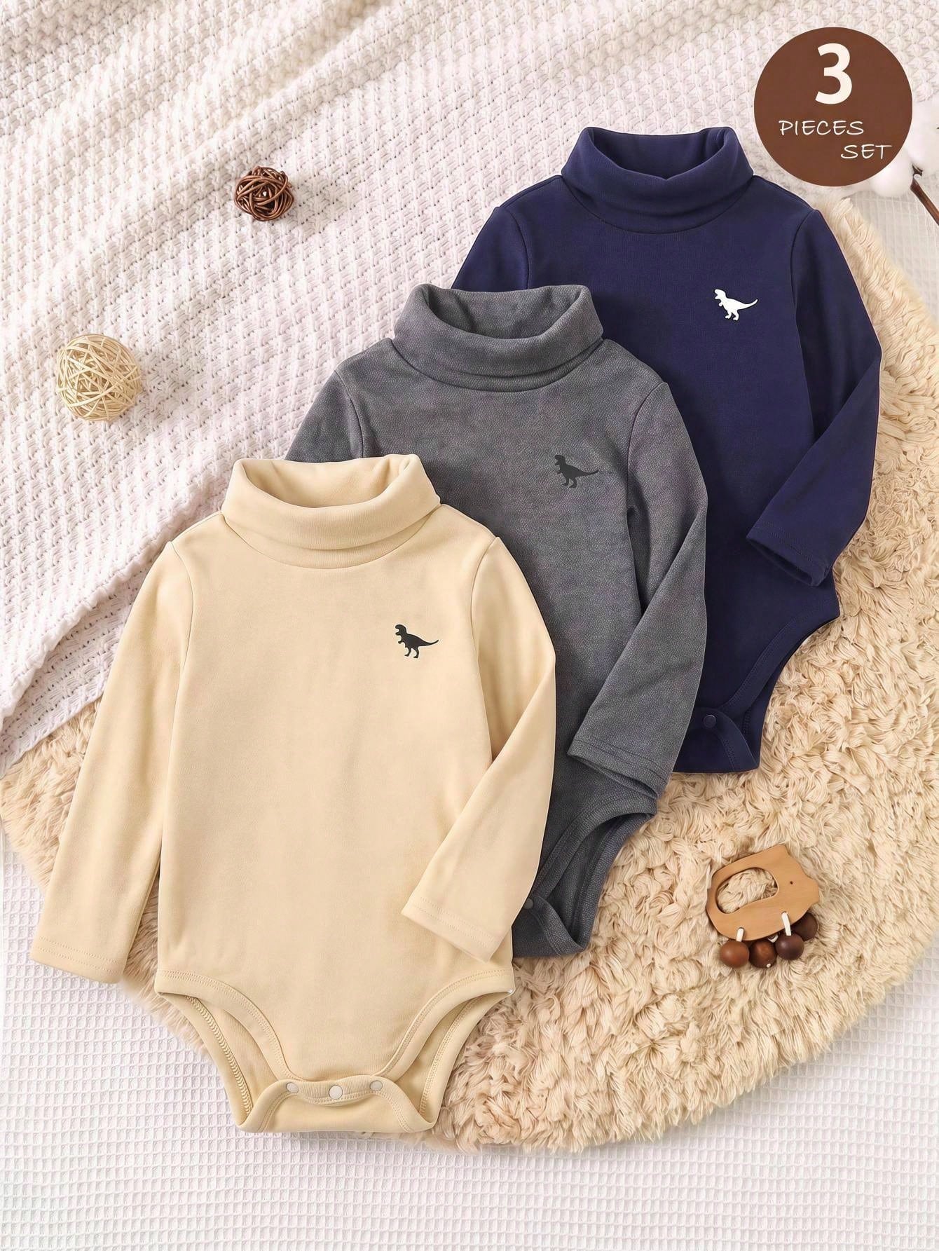 LMoss Kids Baby Boy High Neck Pony Print Soft Brushed Fabric Fitted Long Sleeve Bodysuit 3 Pieces Set, Autumn/Winter