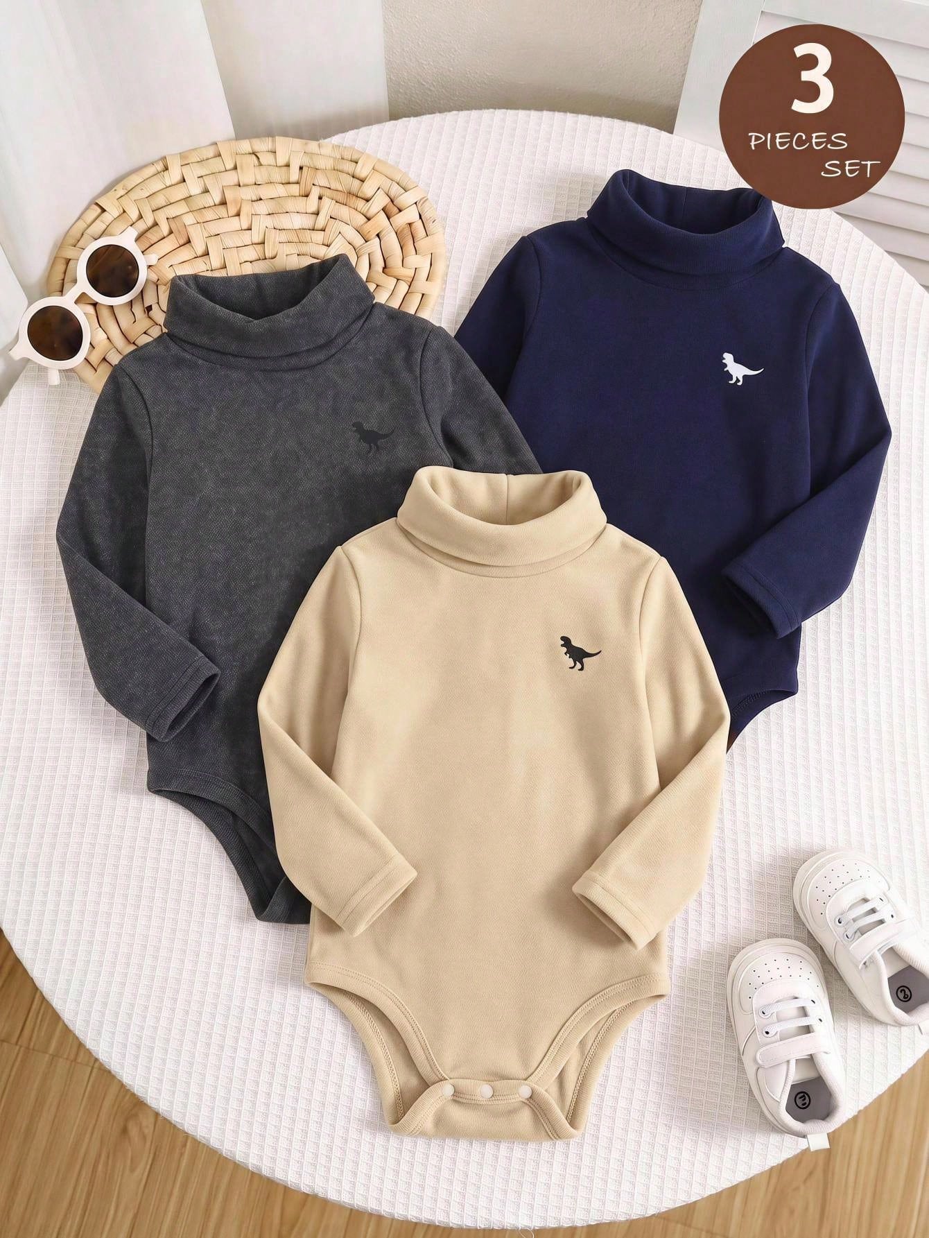 LMoss Kids Baby Boy High Neck Pony Print Soft Brushed Fabric Fitted Long Sleeve Bodysuit 3 Pieces Set, Autumn/Winter