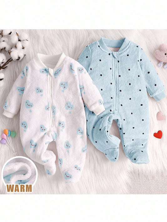 Loomiva 2pcs Baby Girls Heart & Polka Dot Print Long Sleeve Full Zip Closure Warm Fleece Jumpsuit For Autumn/Winter