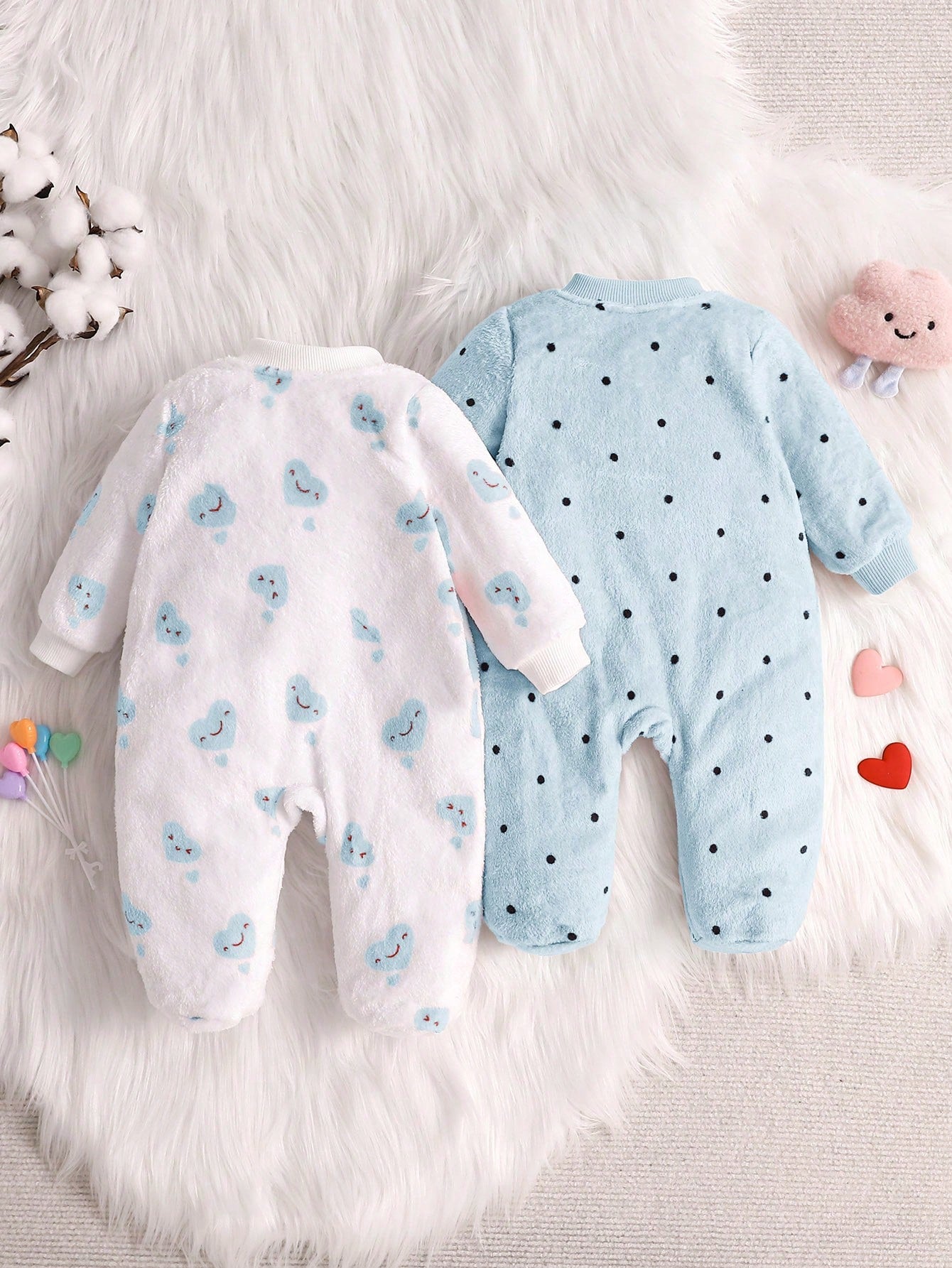 Loomiva 2pcs Baby Girls Heart & Polka Dot Print Long Sleeve Full Zip Closure Warm Fleece Jumpsuit For Autumn/Winter