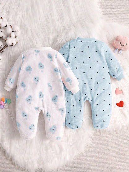 Loomiva 2pcs Baby Girls Heart & Polka Dot Print Long Sleeve Full Zip Closure Warm Fleece Jumpsuit For Autumn/Winter