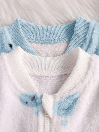 Loomiva 2pcs Baby Girls Heart & Polka Dot Print Long Sleeve Full Zip Closure Warm Fleece Jumpsuit For Autumn/Winter