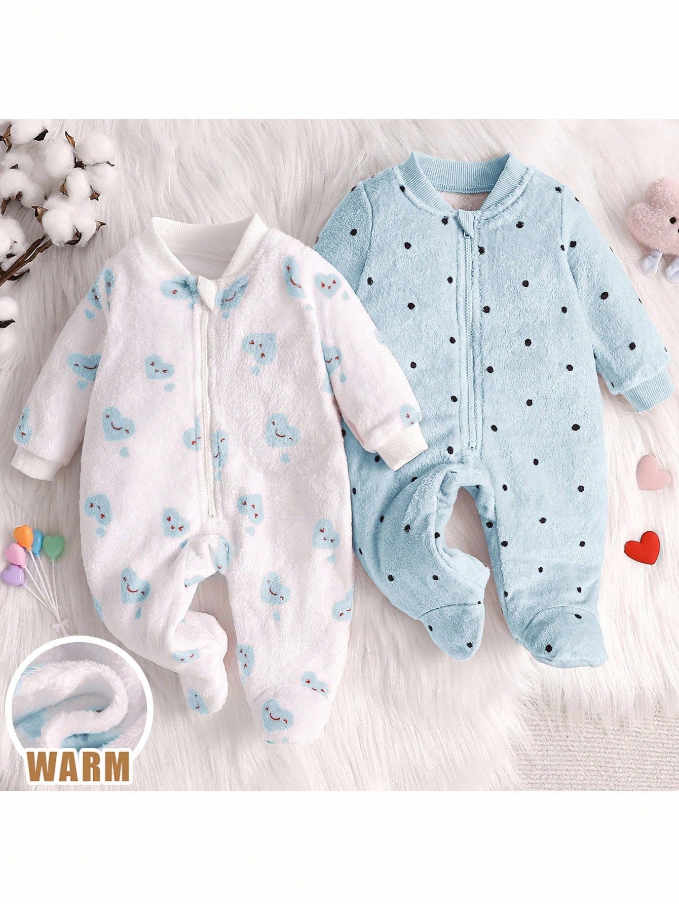 Loomiva 2pcs Baby Girls Heart & Polka Dot Print Long Sleeve Full Zip Closure Warm Fleece Jumpsuit For Autumn/Winter