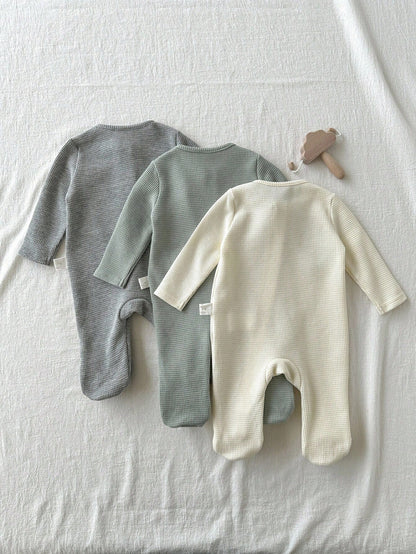 Loomiva Newborn Baby Boy/Girl 3-Piece Set: Soft Knit Solid Color Crew Neck Long Sleeve Jumpsuit Fall Winter