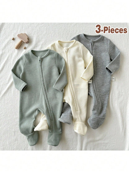 Loomiva Newborn Baby Boy/Girl 3-Piece Set: Soft Knit Solid Color Crew Neck Long Sleeve Jumpsuit Fall Winter