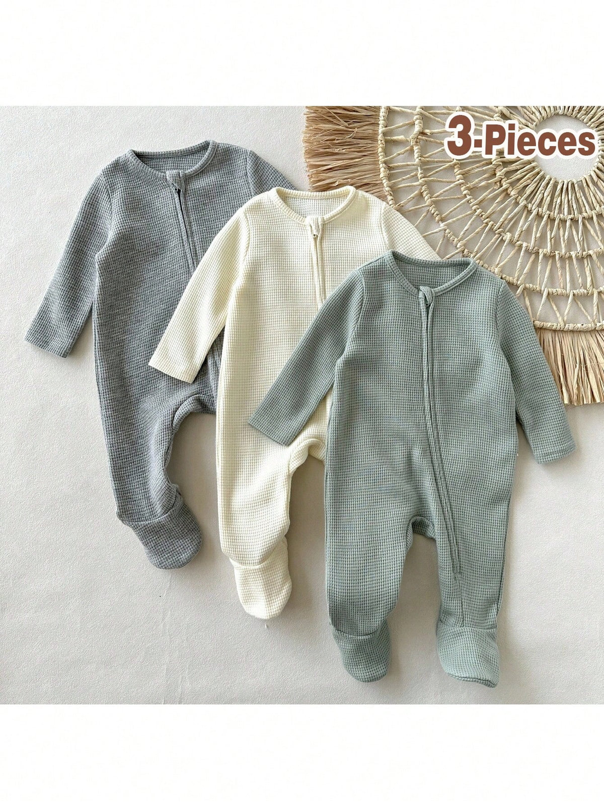 Loomiva Newborn Baby Boy/Girl 3-Piece Set: Soft Knit Solid Color Crew Neck Long Sleeve Jumpsuit Fall Winter