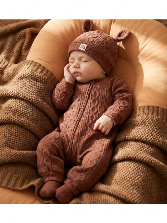 Loomiva Newborn Baby Girl 2pcs Set Soft Knitted Decorative Jacquard Crew Neck Long Sleeve Romper And Hat Warm Baby Clothes Baby Knitted Outfit