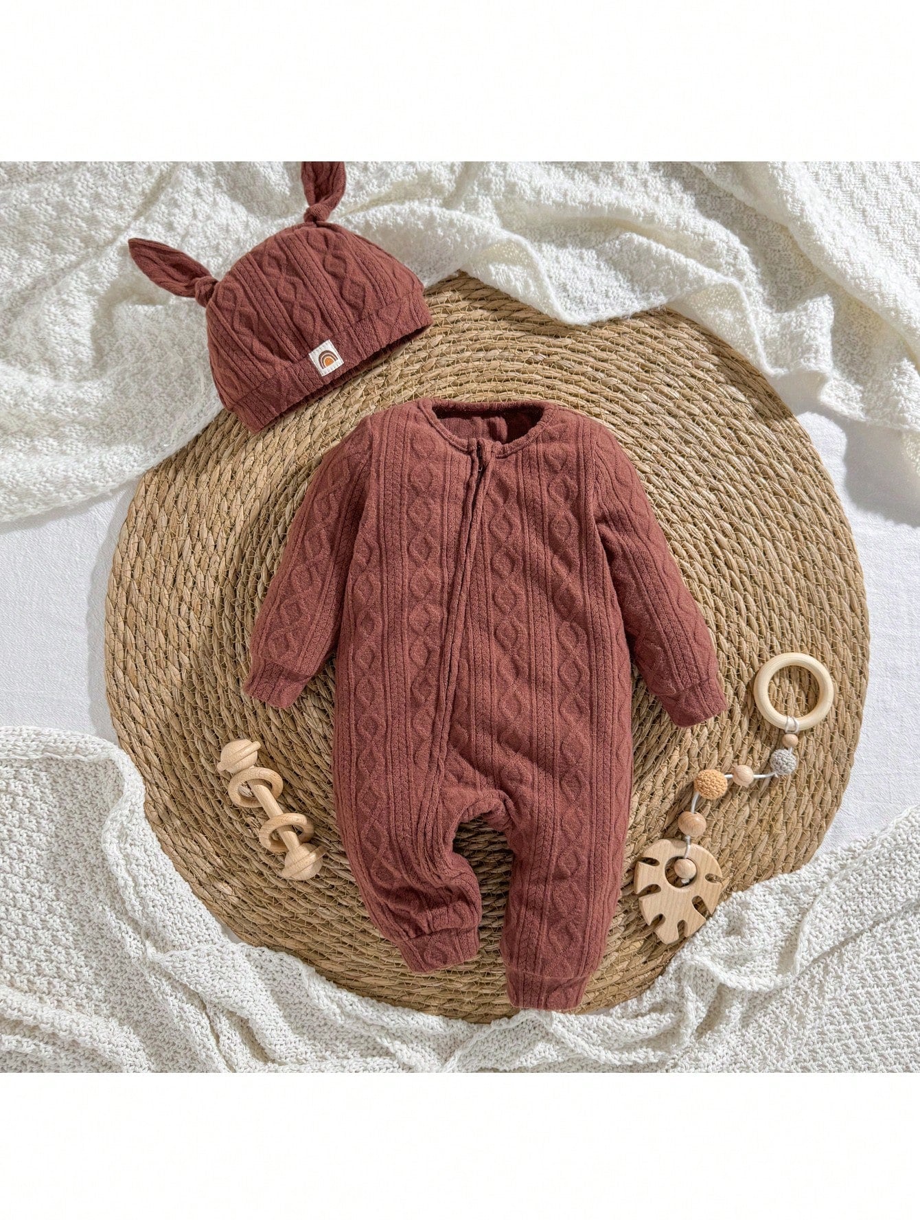 Loomiva Newborn Baby Girl 2pcs Set Soft Knitted Decorative Jacquard Crew Neck Long Sleeve Romper And Hat Warm Baby Clothes Baby Knitted Outfit