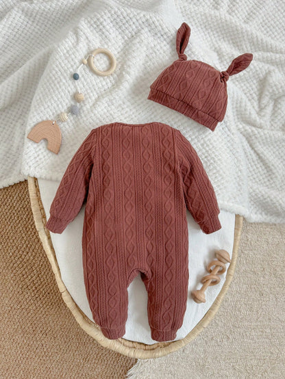 Loomiva Newborn Baby Girl 2pcs Set Soft Knitted Decorative Jacquard Crew Neck Long Sleeve Romper And Hat Warm Baby Clothes Baby Knitted Outfit