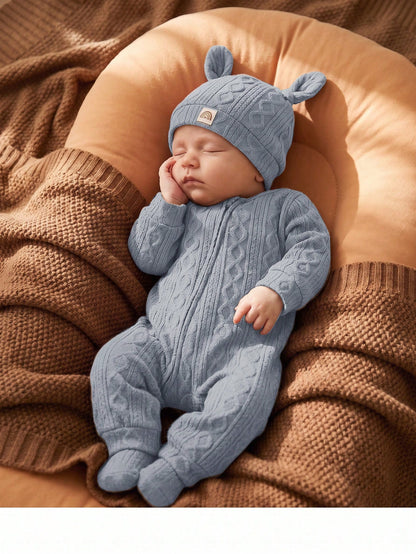 Loomiva Newborn Baby Girl 2pcs Set Soft Knitted Decorative Jacquard Crew Neck Long Sleeve Romper And Hat Warm Baby Clothes Baby Knitted Outfit