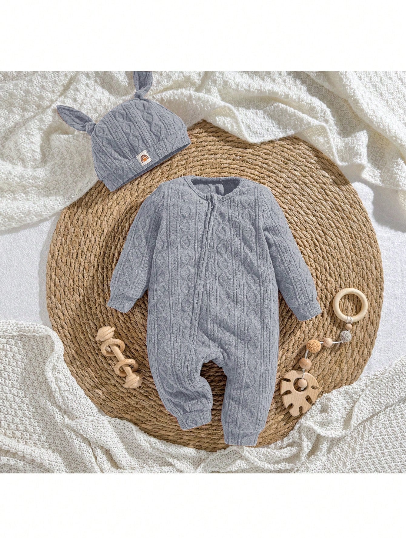 Loomiva Newborn Baby Girl 2pcs Set Soft Knitted Decorative Jacquard Crew Neck Long Sleeve Romper And Hat Warm Baby Clothes Baby Knitted Outfit