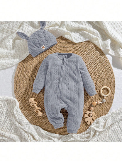 Loomiva Newborn Baby Girl 2pcs Set Soft Knitted Decorative Jacquard Crew Neck Long Sleeve Romper And Hat Warm Baby Clothes Baby Knitted Outfit