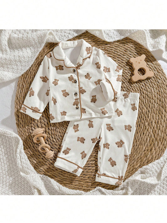 Loomiva Newborn Baby Girl Boy Cute Cartoon Bear Pattern Cardigan Shirt & Pants 2 Pieces Set,Brown And White Polka Dot,Autumn,Lounge Teddy Bear Pajama Pj Set