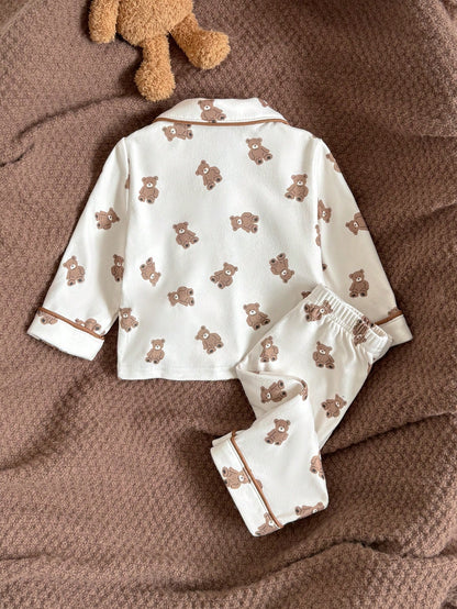Loomiva Newborn Baby Girl Boy Cute Cartoon Bear Pattern Cardigan Shirt & Pants 2 Pieces Set,Brown And White Polka Dot,Autumn,Lounge Teddy Bear Pajama Pj Set
