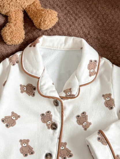 Loomiva Newborn Baby Girl Boy Cute Cartoon Bear Pattern Cardigan Shirt & Pants 2 Pieces Set,Brown And White Polka Dot,Autumn,Lounge Teddy Bear Pajama Pj Set