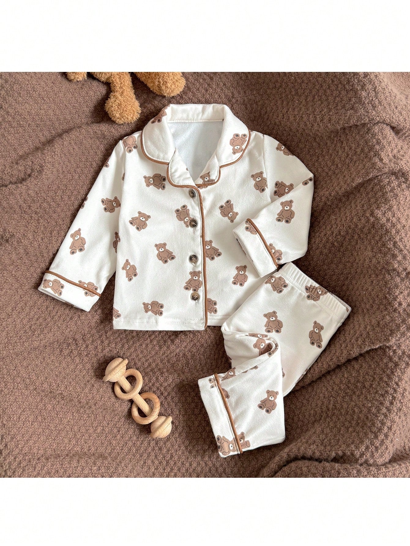 Loomiva Newborn Baby Girl Boy Cute Cartoon Bear Pattern Cardigan Shirt & Pants 2 Pieces Set,Brown And White Polka Dot,Autumn,Lounge Teddy Bear Pajama Pj Set