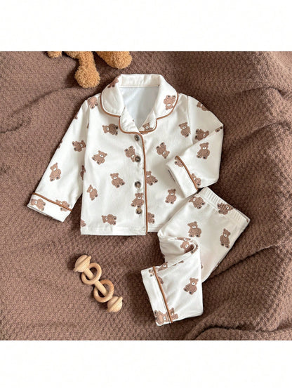 Loomiva Newborn Baby Girl Boy Cute Cartoon Bear Pattern Cardigan Shirt & Pants 2 Pieces Set,Brown And White Polka Dot,Autumn,Lounge Teddy Bear Pajama Pj Set