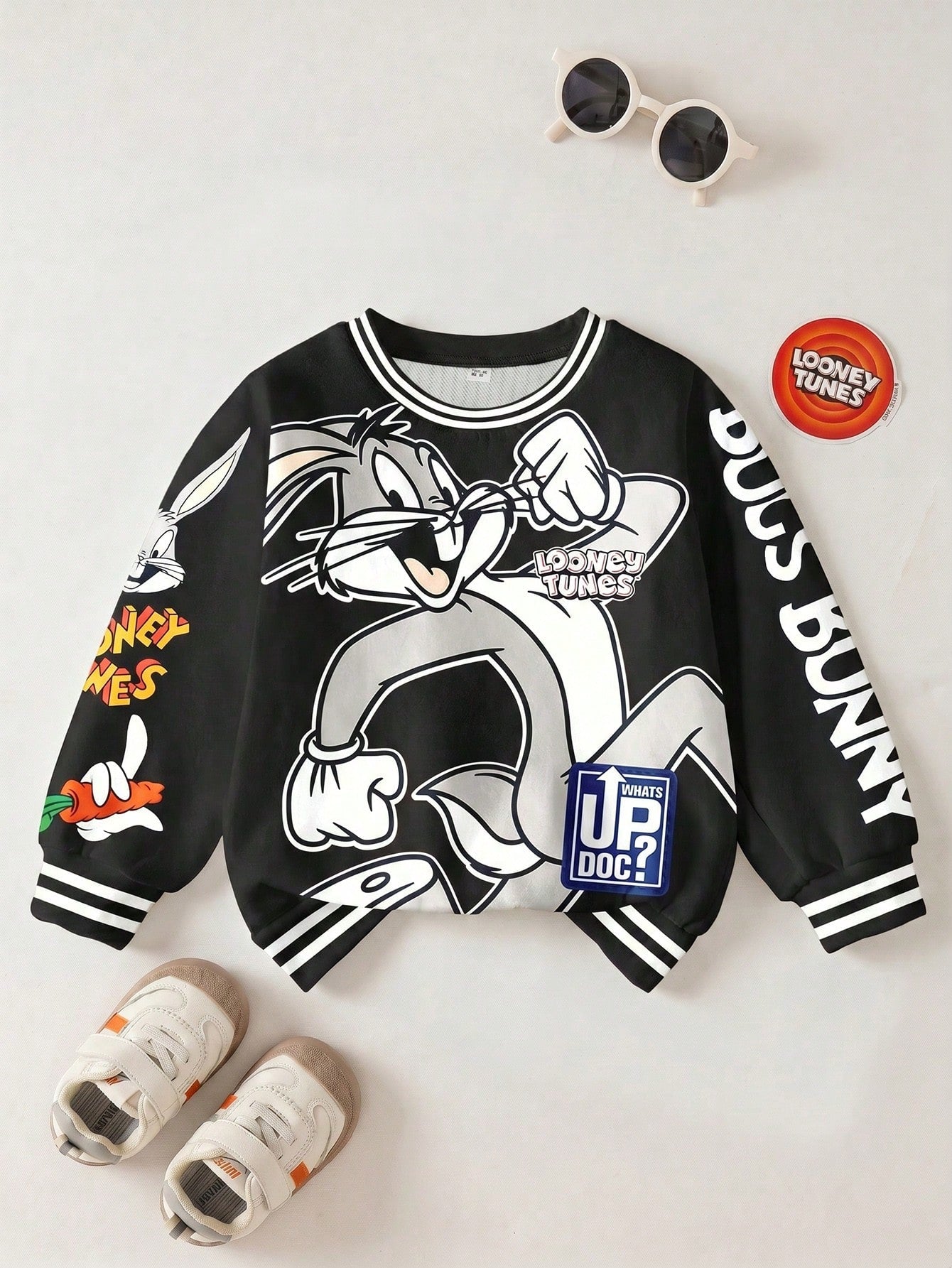 LOONEY TUNES X Baby Boy Casual Fashion Street Cartoon Rabbit & Letter Print Contrast Striped Trim Thermal Lined Warm Sweatshirt, Autumn/Winter