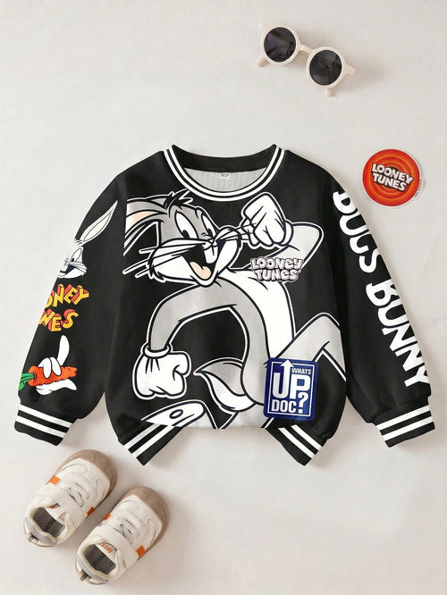LOONEY TUNES X Baby Boy Casual Fashion Street Cartoon Rabbit & Letter Print Contrast Striped Trim Thermal Lined Warm Sweatshirt, Autumn/Winter