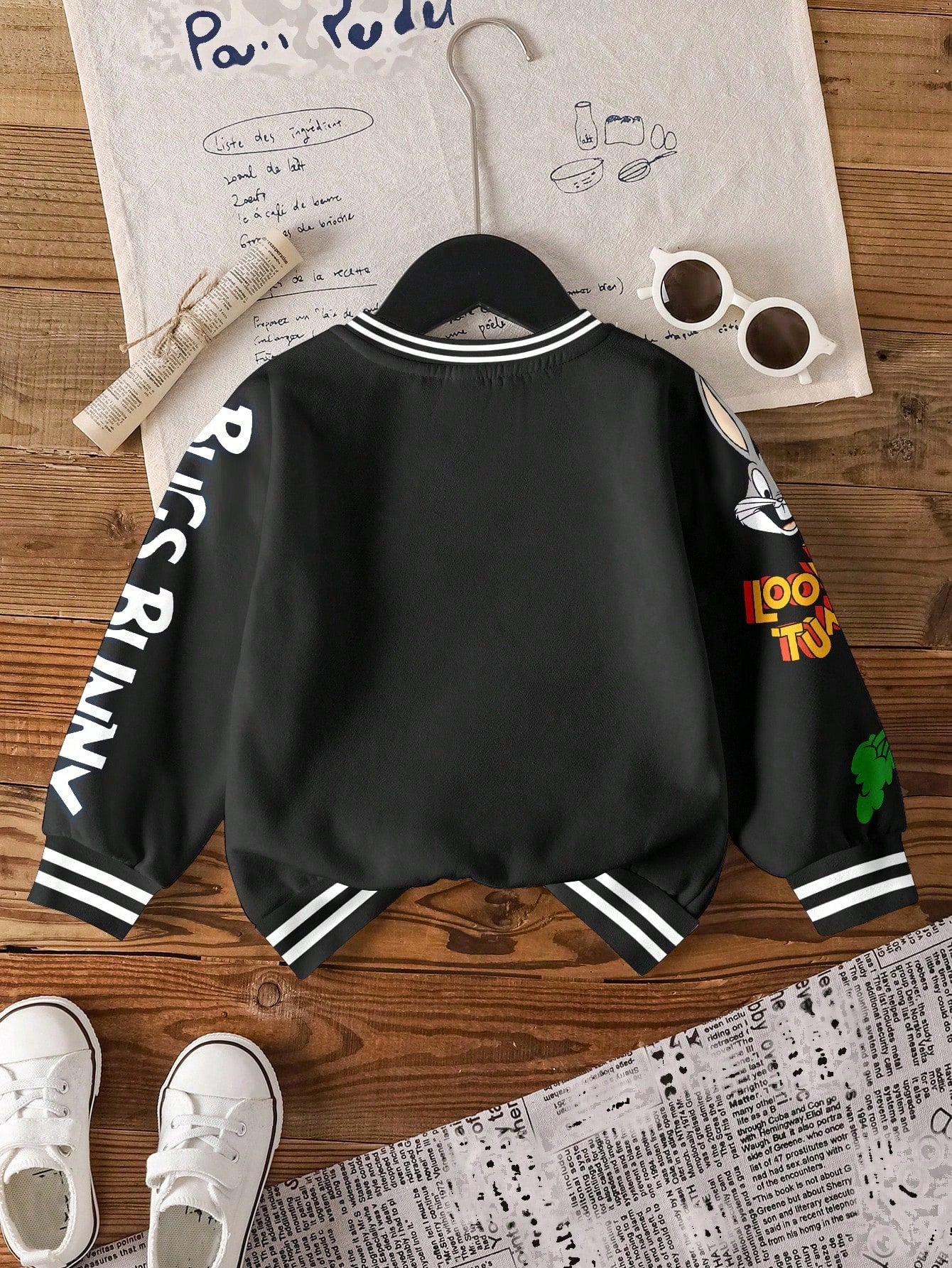 LOONEY TUNES X Baby Boy Casual Fashion Street Cartoon Rabbit & Letter Print Contrast Striped Trim Thermal Lined Warm Sweatshirt, Autumn/Winter
