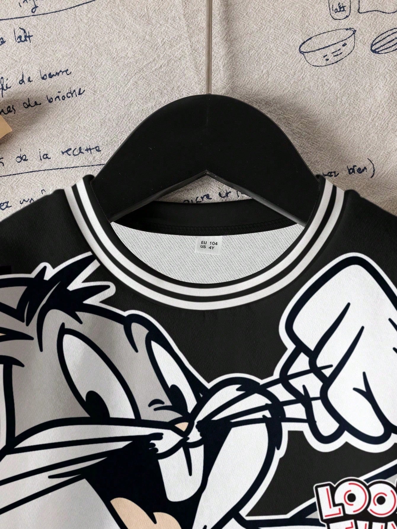 LOONEY TUNES X Baby Boy Casual Fashion Street Cartoon Rabbit & Letter Print Contrast Striped Trim Thermal Lined Warm Sweatshirt, Autumn/Winter