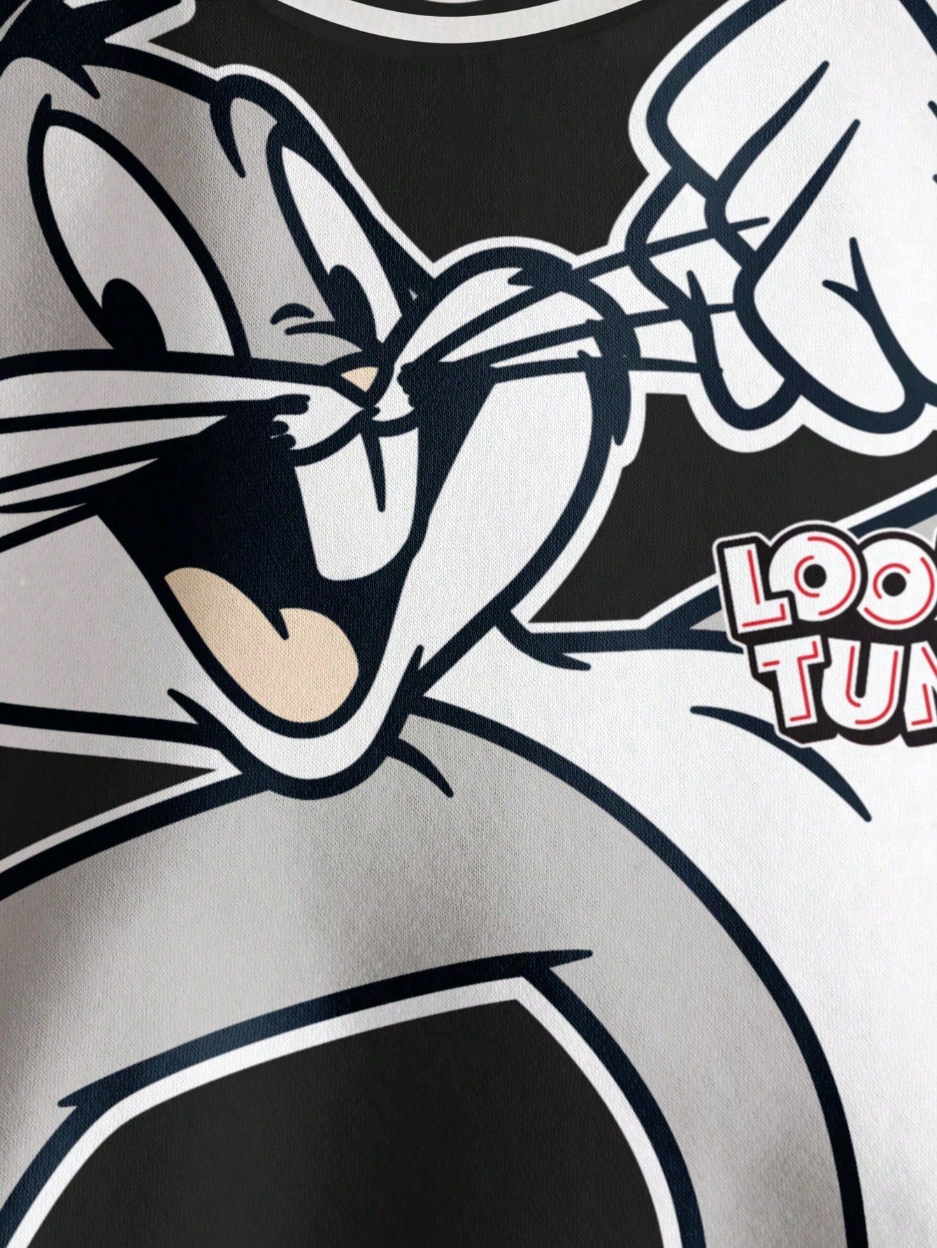 LOONEY TUNES X Baby Boy Casual Fashion Street Cartoon Rabbit & Letter Print Contrast Striped Trim Thermal Lined Warm Sweatshirt, Autumn/Winter
