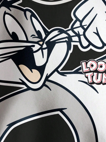 LOONEY TUNES X Baby Boy Casual Fashion Street Cartoon Rabbit & Letter Print Contrast Striped Trim Thermal Lined Warm Sweatshirt, Autumn/Winter