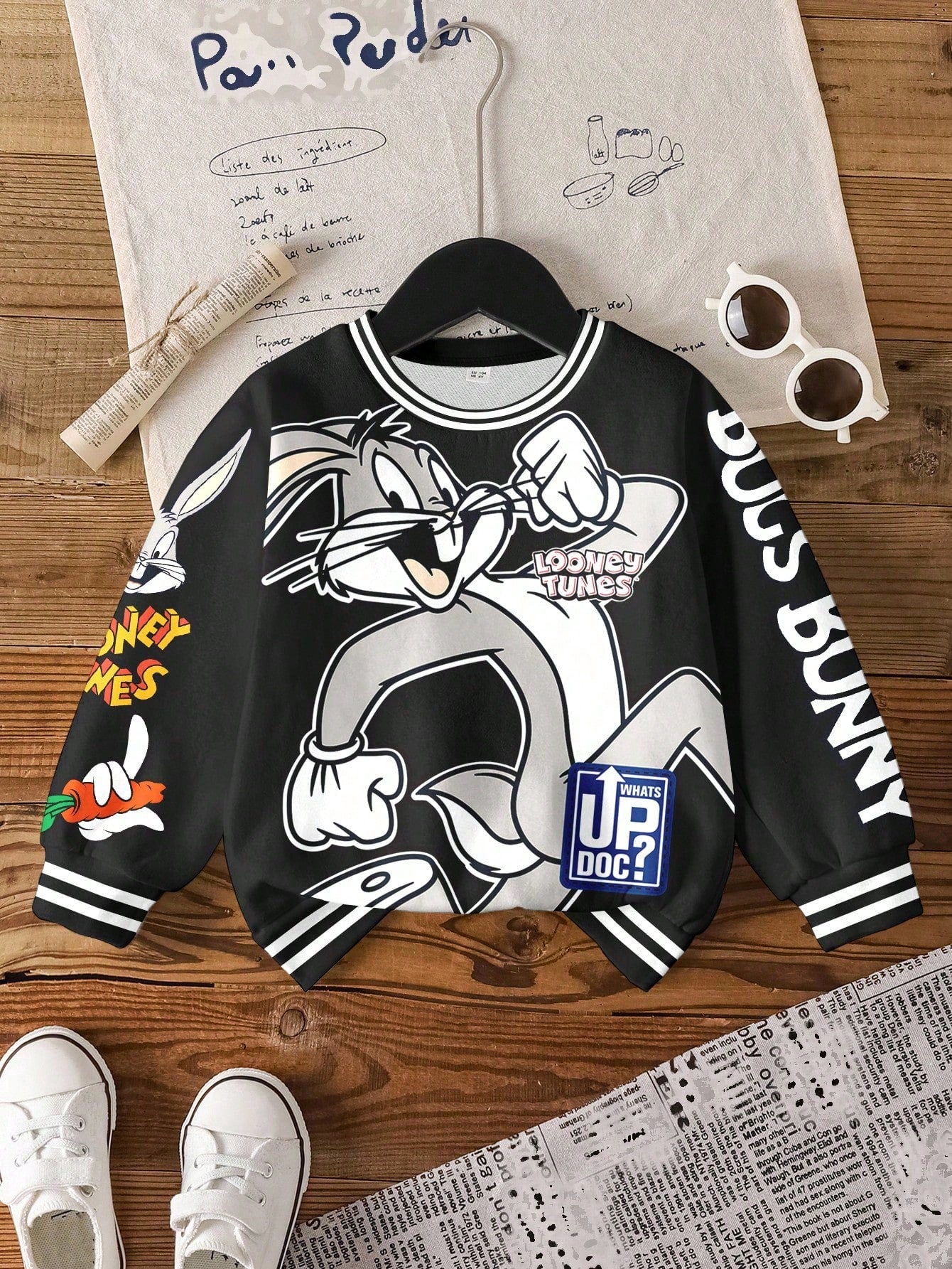 LOONEY TUNES X Baby Boy Casual Fashion Street Cartoon Rabbit & Letter Print Contrast Striped Trim Thermal Lined Warm Sweatshirt, Autumn/Winter
