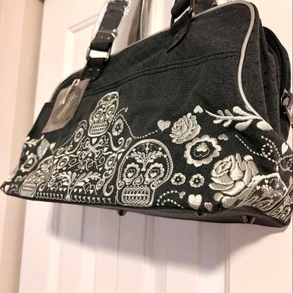 Loungefly - Denim Cotton Canvas Floral Sugar Skull Duffle Handbag
