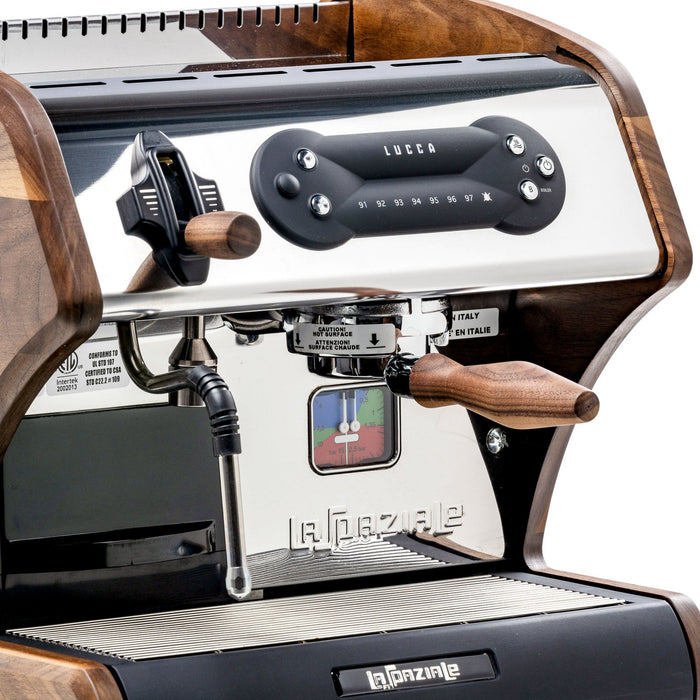 Walnut steam knob installed on LUCCA A53 Mini espresso machine replacing the plastic knob