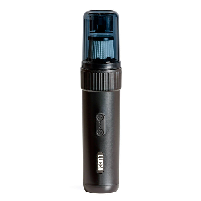 LUCCA Coffee Vacuum head with blue transparent cap and knurled grip, cordless espresso station cleaner.