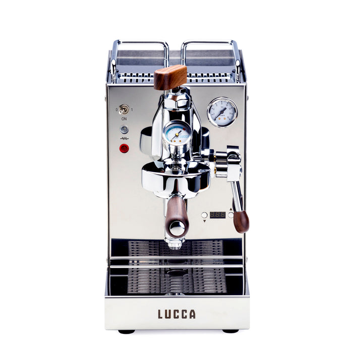 Front view of LUCCA E61 stainless steel espresso machine with a wooden flow control knob on top