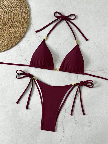 Lucky Girl New Summer Women Beach Vacation Black Beaded Tie Two Pieces Swimwear Set, Resort Wear
