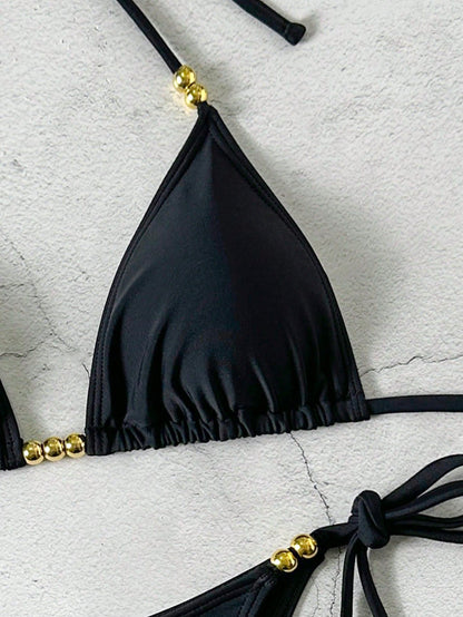 Lucky Girl Summer New Spring/Summer Women's Beach Vacation Black Steel Ball Tie-Up 2 Pieces Swimsuit Set