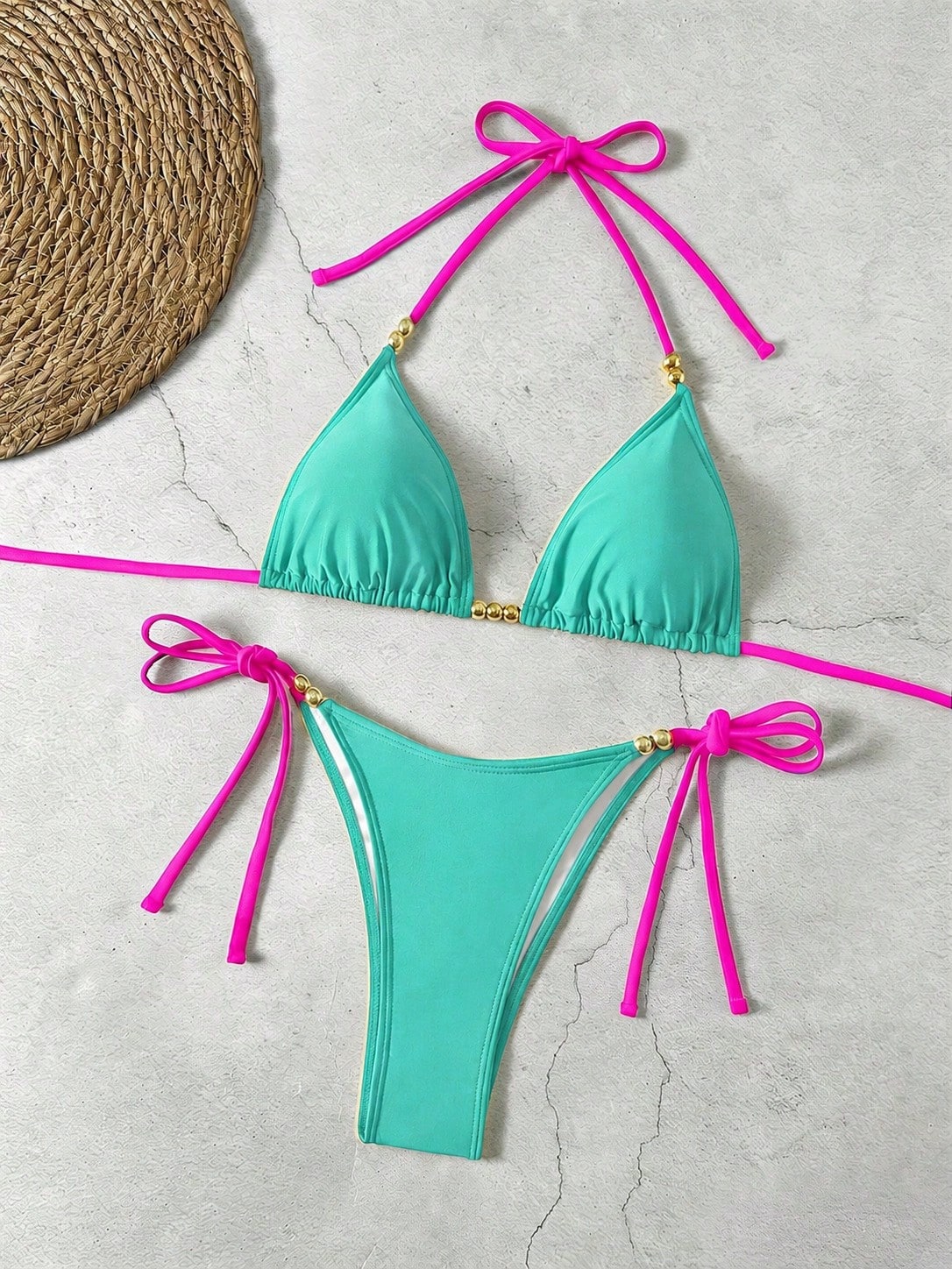 Lucky Girl Summer New Spring/Summer Women's Beach Vacation Black Steel Bead Tie-Up Two Pieces Swimsuit Set